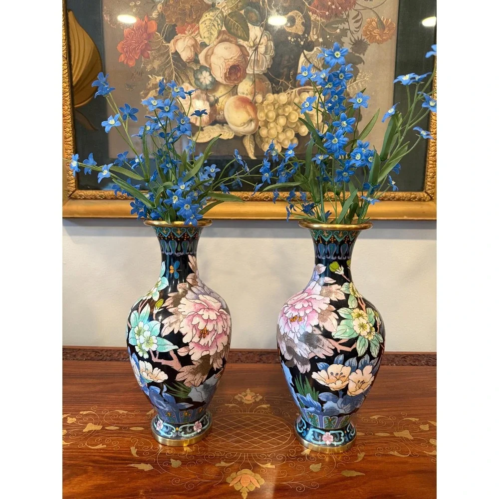 Vintage Cloisonné Peony Vase Pair‎ - 10.25